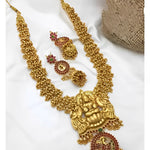 Antique Gold Lakshmi Temple Necklace Set - Traditional Kemp Ruby Long Haram, Designer Jhumkas, Traditional Indian Wedding Jewelry (Set of 2)