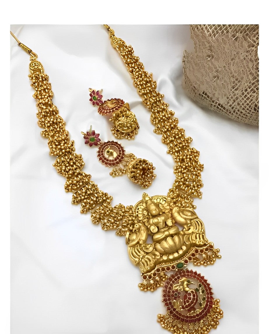 Antique Gold Lakshmi Temple Necklace Set - Traditional Kemp Ruby Long Haram, Designer Jhumkas, Traditional Indian Wedding Jewelry (Set of 2)