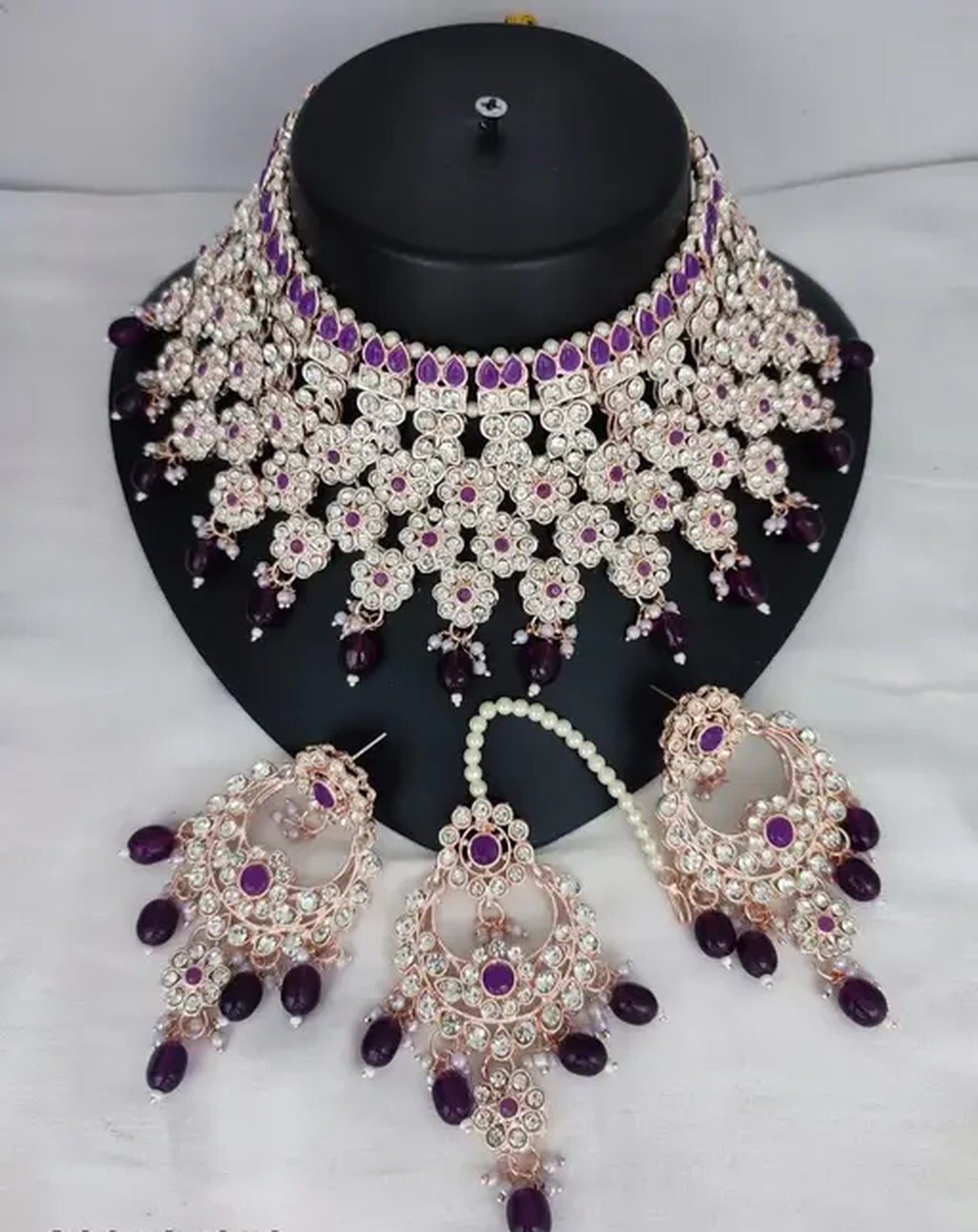 Luxurious Silver-Plated Bridal Jewelry Set, Purple Accents, Traditional Indian Wedding Jewelry (Set of 2)