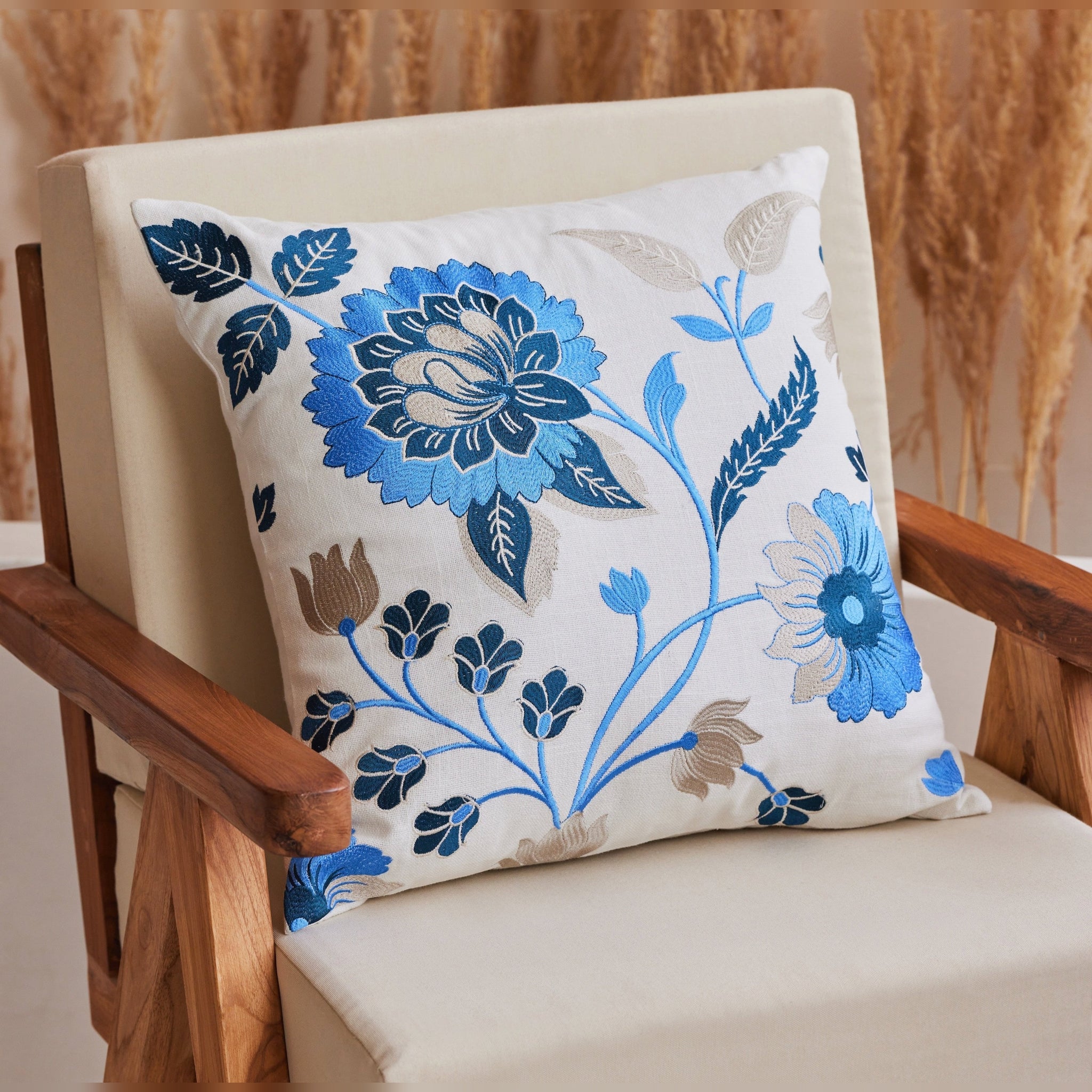 Holy Grail Homes Blue Bloom Cushion Cover (Ivory)