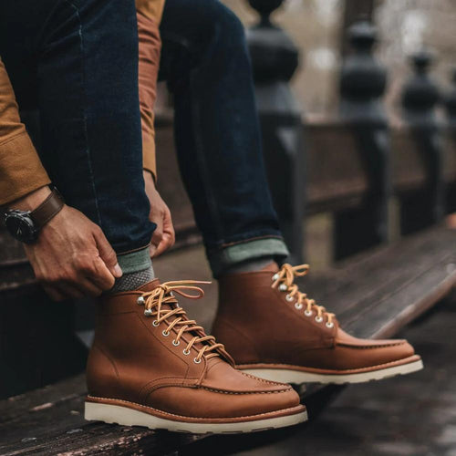 Harvest Dusk Moc Toe Leather Boots, Slip-Resistant Sole, Cushioned Footbed, Classic Style, Goodyear Welted, Hand-Finished Burnish, Vintage Aesthetic