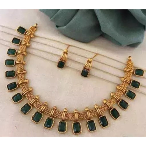 Emerald Green Stone Necklace Set - Antique Gold Mesh Chain Collar, Earrings, Traditional Indian Wedding Jewelry (Set of 2)