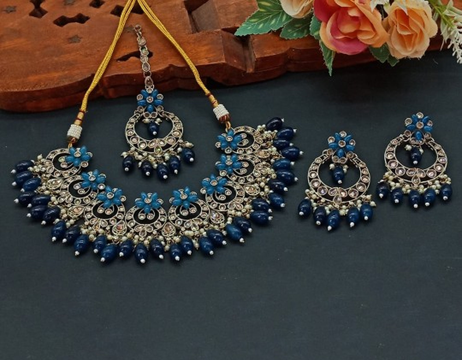 Elegant Blue and Gold Indian Jewelry Set - Necklace, Earrings, and Maang Tikka, , Traditional Indian Wedding Jewelry (Set of 2)