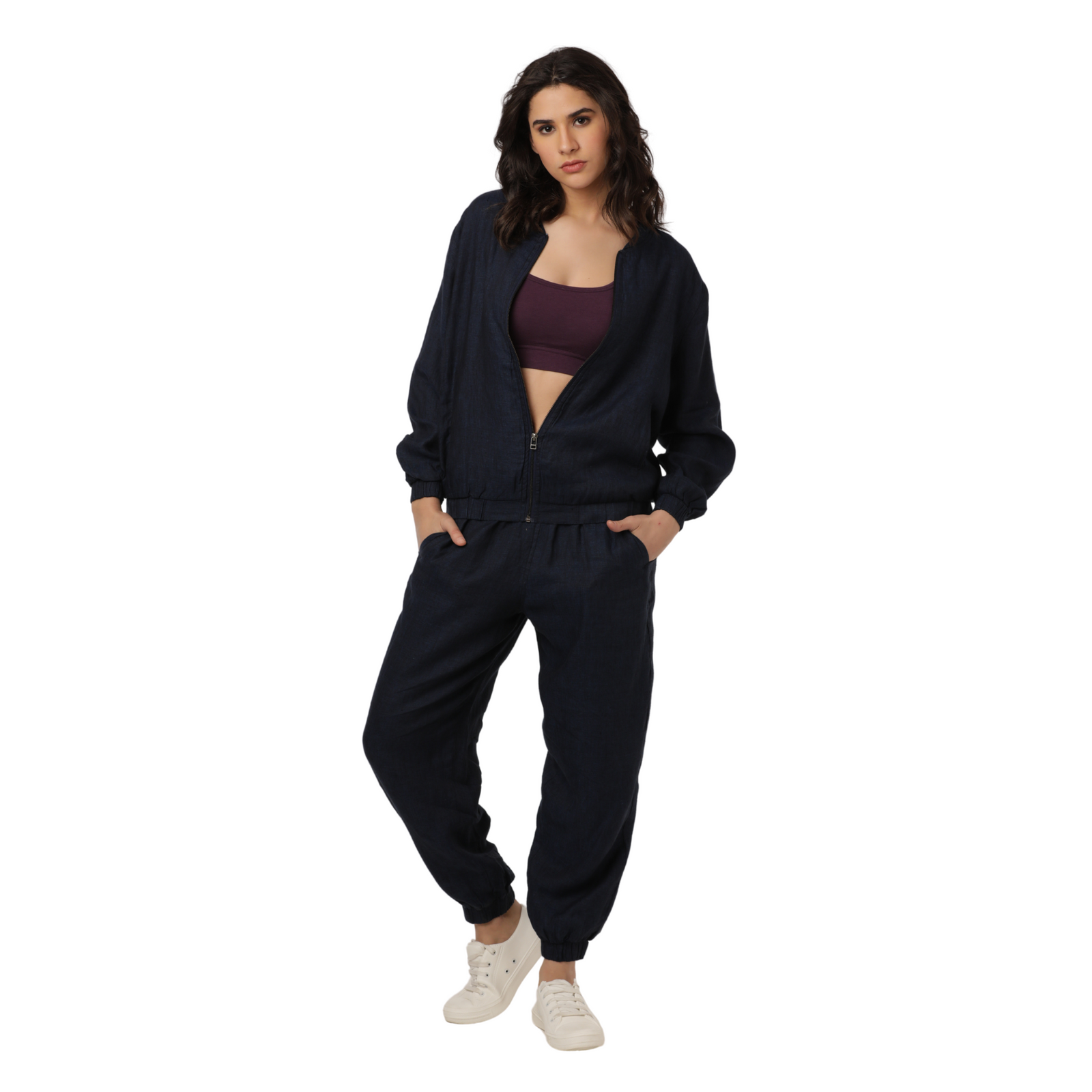 Lined Bomber Jacket & Pants Set in Linen | Tracksuit Set with Elastic Waistband & Full-Zip Jacket for Gym, Yoga & Running | Navy Blue