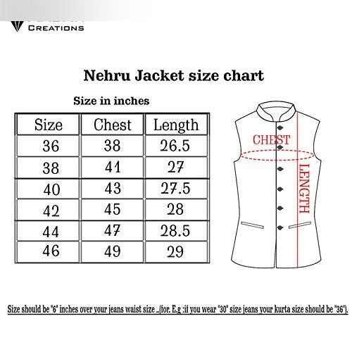 Nehru jacket size chart with chest and length measurements in inches for vintage floral ethnic men's jackets.