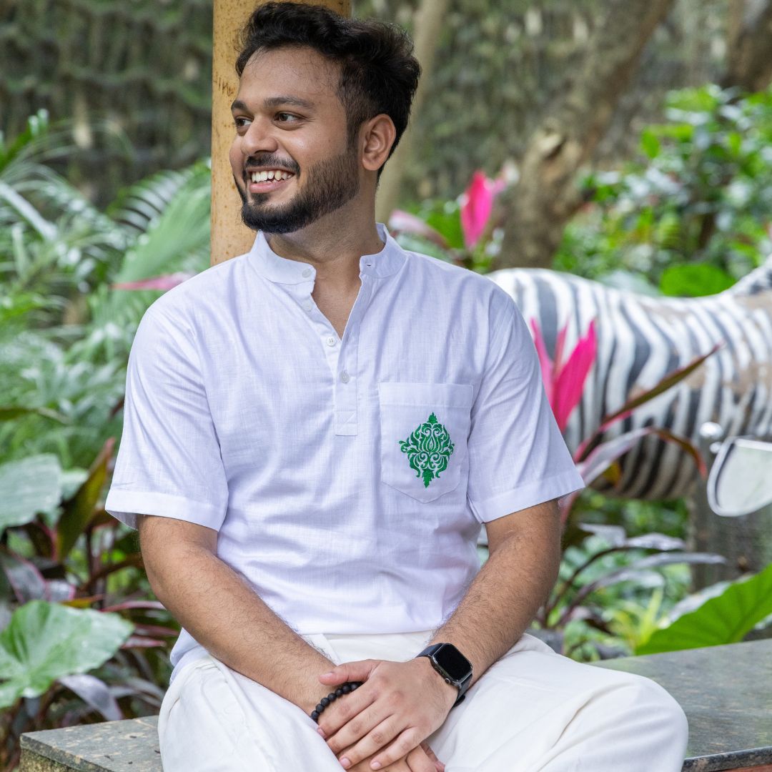 Embroidered Floral Kurta, Short Sleeve Kurta, Traditional Men's Shirt, Comfortable Cotton Linen Blend Shirt (Size 40, Green & White)