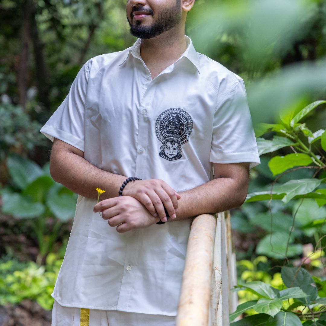 Elegant Kathakali Shirt, Half Sleeve, Men's Traditional Kerala Shirt, Comfortable Cotton Shirt for Festive Wear (Size 40, Off White)