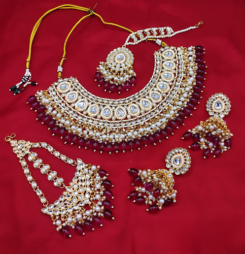 Luxurious Wine Color Kundan Bridal Necklace Set, Maang Tikka and Earrings, Traditional Indian Wedding Jewelry (Set of 3)