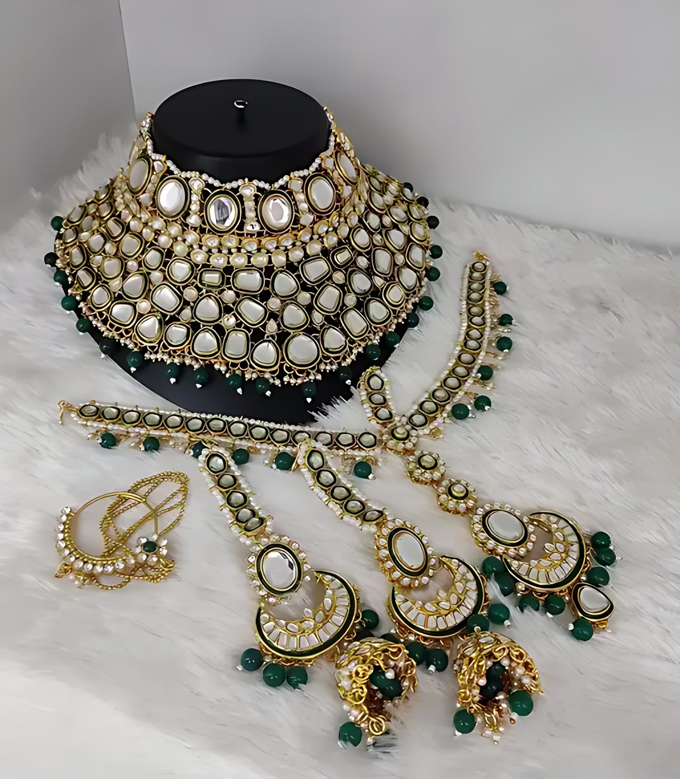 Opulent Kundan Bridal Choker Set, Green Beads - Complete Wedding Jewelry Collection, Traditional Indian Wedding Jewelry (Set of 2)