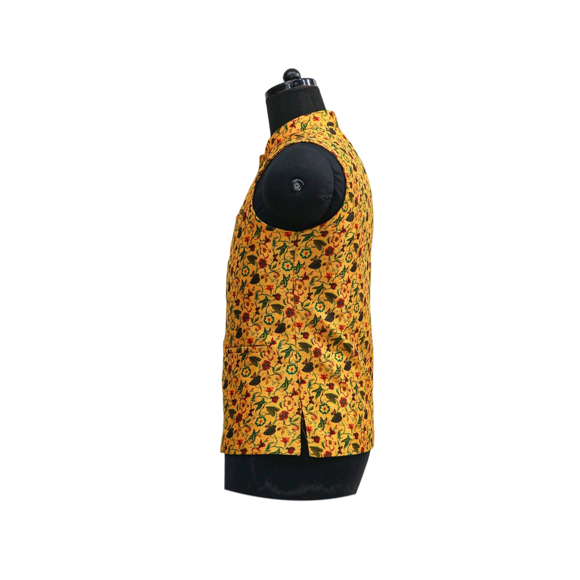 A side view of a men's yellow Nehru jacket with a colorful floral print, displayed on a mannequin.