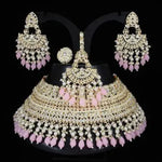 Opulent Bridal Kundan Choker Set, Pink Beads and Matching Earrings & Maang Tikka, Traditional Indian Wedding Jewelry (Set of 2)