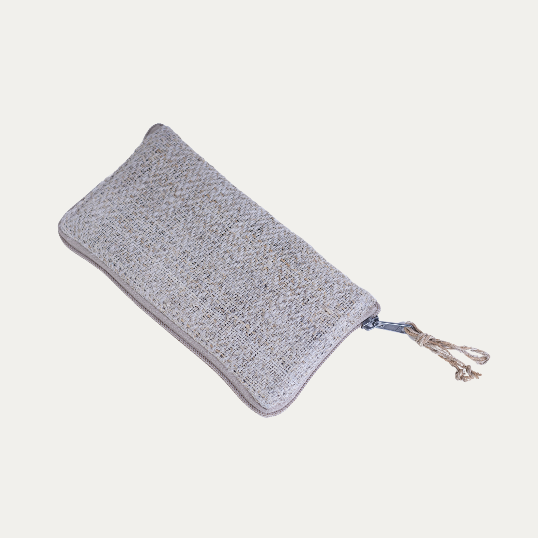 Compact, lightweight Maya hemp clutch wallet with zipper closure, shown on white background.