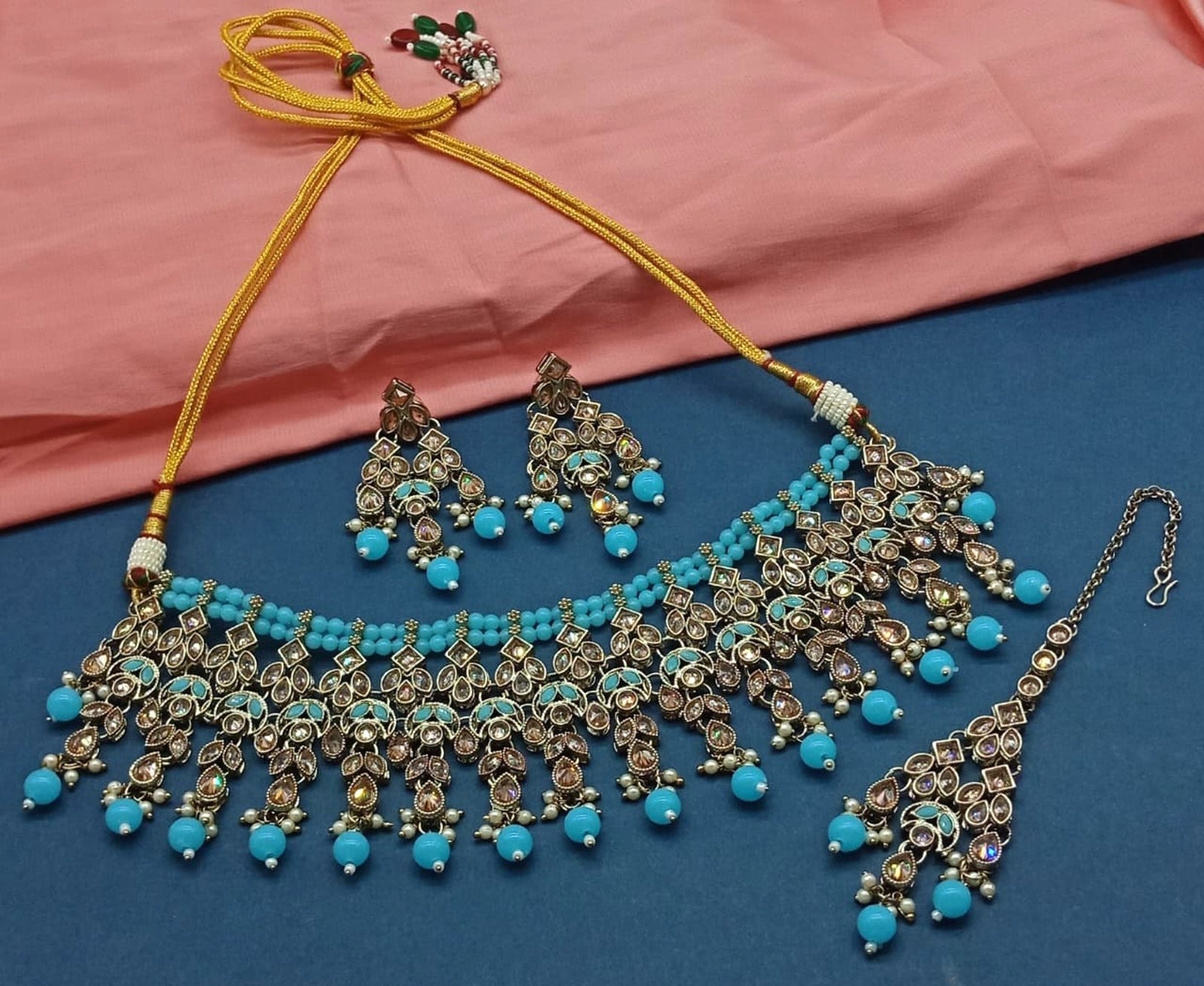 Turquoise Kundan Choker Necklace Set, Matching Earrings and Maang Tikka, Traditional Indian Wedding Jewelry (Set of 2)