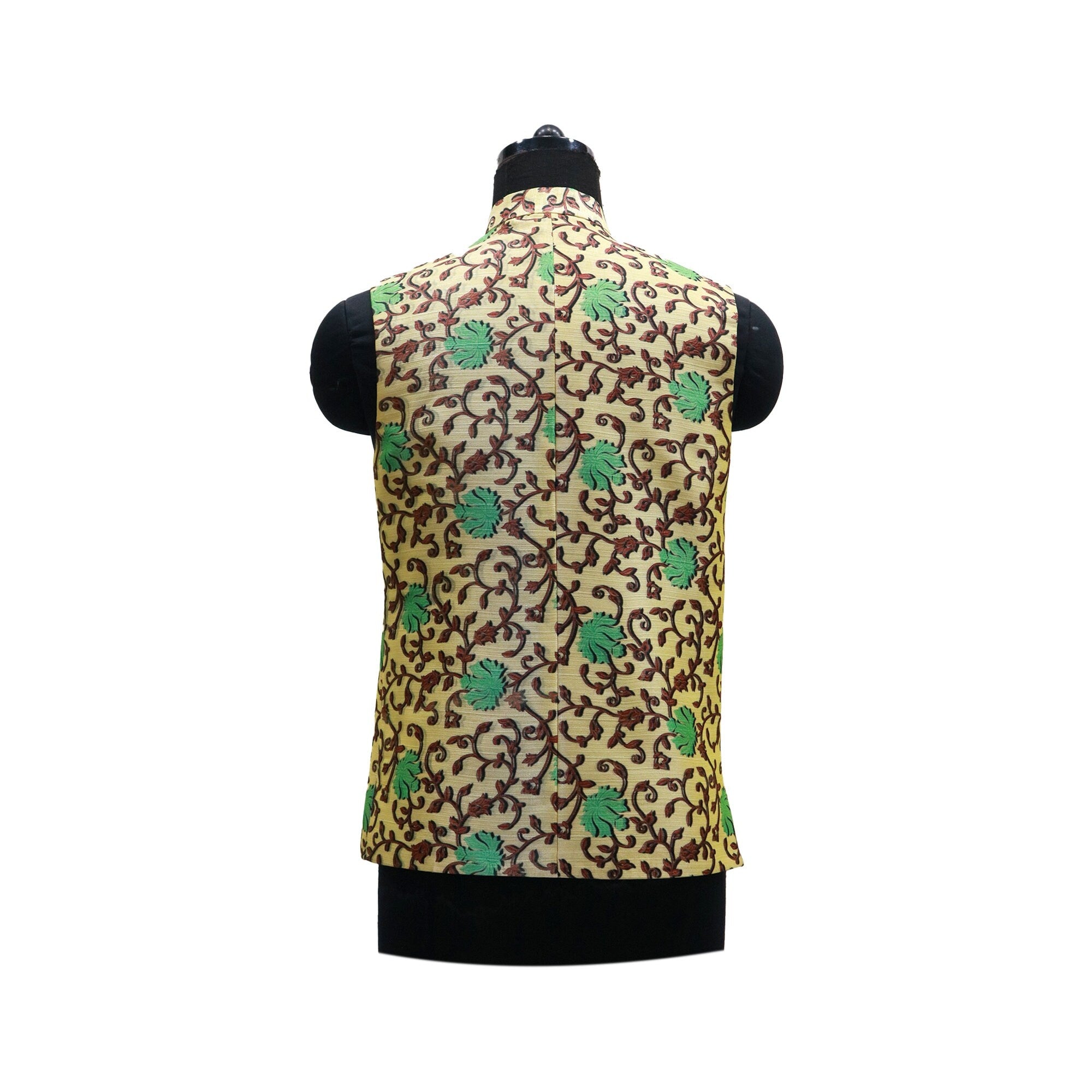 Handmade vintage floral Nehru jacket in cream with green and brown floral design, perfect for ethnic events.