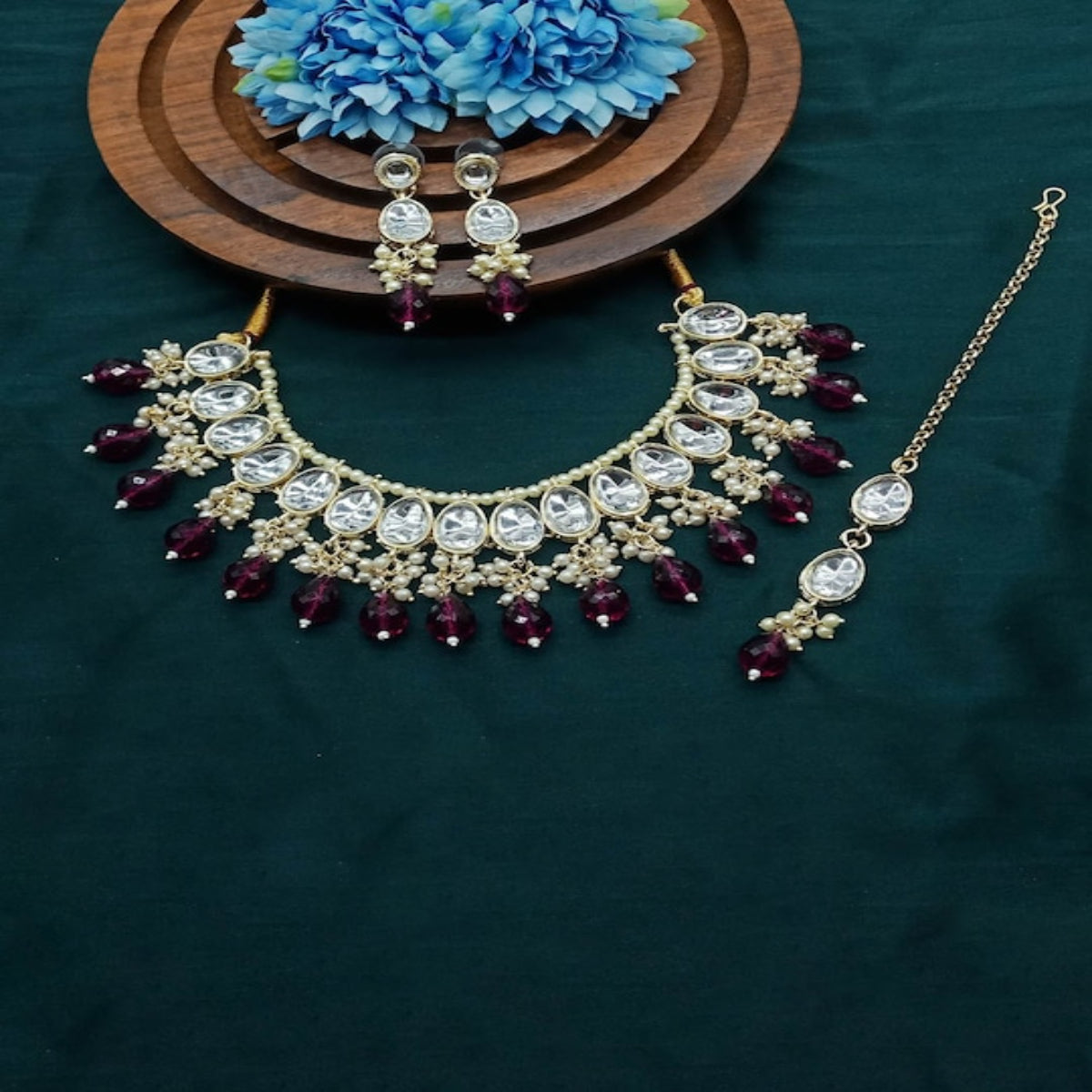 Elegant Kundan Choker Set, Ruby Drops and Matching Earrings & Tikka, Traditional Indian Wedding Jewelry - Set of 2