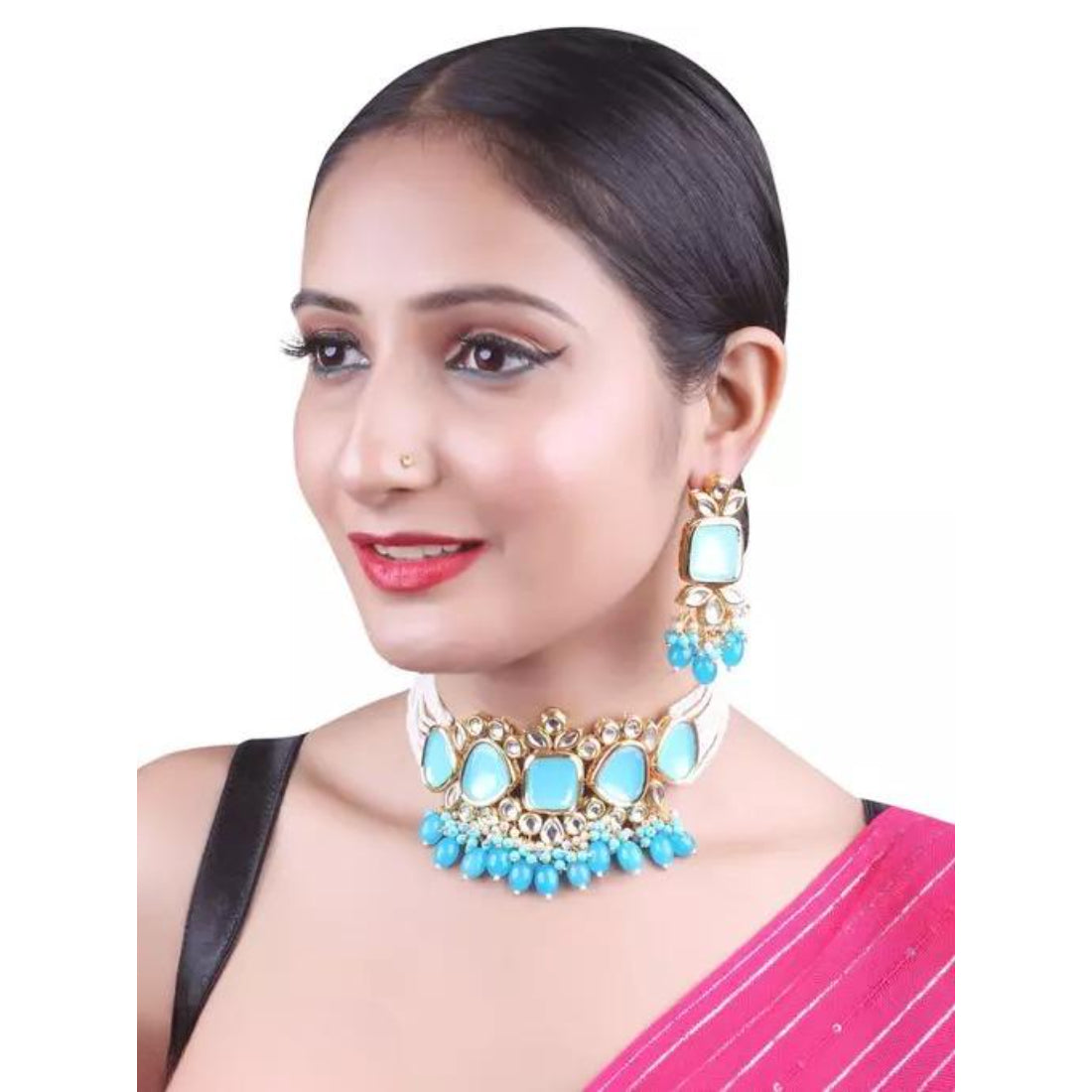 Elegant Torquise and Gold Indian Kundan Choker Necklace and Earring Set, Traditional Indian Wedding Jewelry (Set of 2)