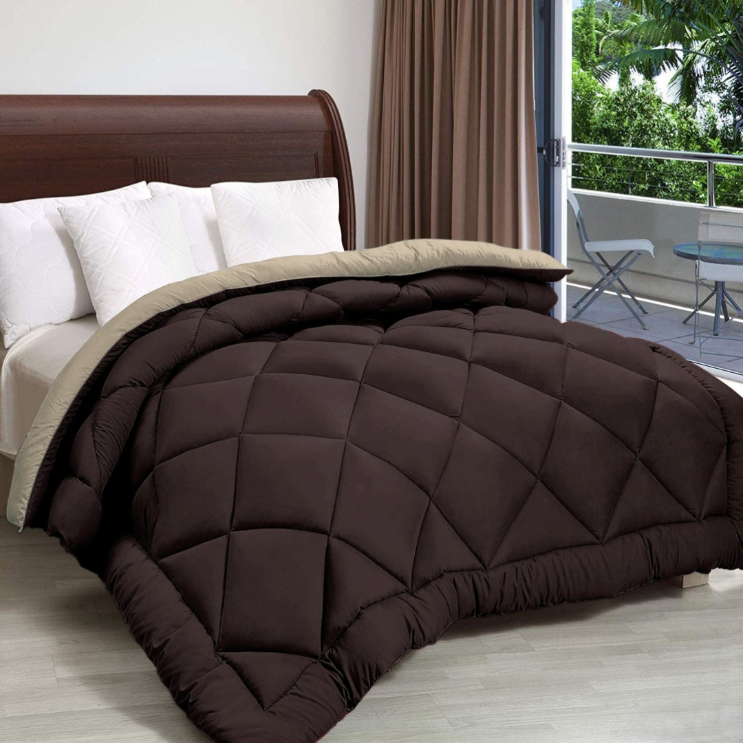 Bellolin Microfiber Reversible Comforter in chocolate brown on a made bed. Double bed size, soft, lightweight and breathable.