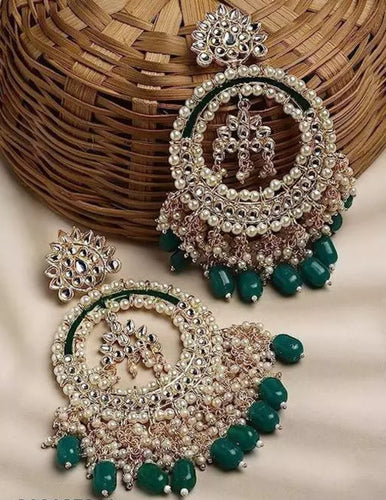 Luxury Kundan Pearl Chandbali Earrings, Green Drops Traditional Wedding Statement Earrings, Traditional Indian Wedding Jewelry (Set of 1)