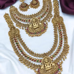 Grand Temple Design Gold Bridal Necklace Set, Lakshmi Motif and Multi-Color Stones, Traditional Indian Wedding Jewelry (Set of 2)