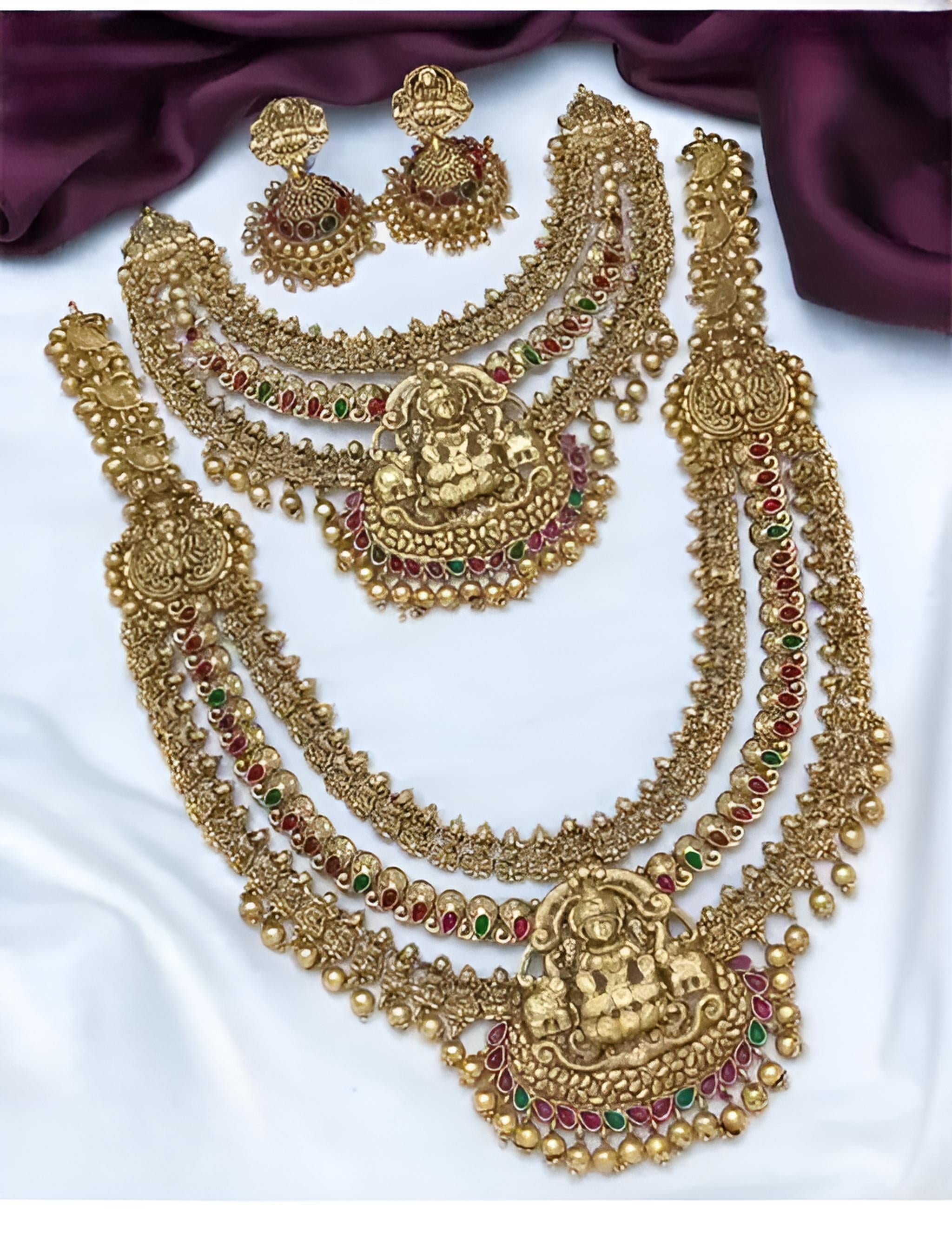 Grand Temple Design Gold Bridal Necklace Set, Lakshmi Motif and Multi-Color Stones, Traditional Indian Wedding Jewelry (Set of 2)