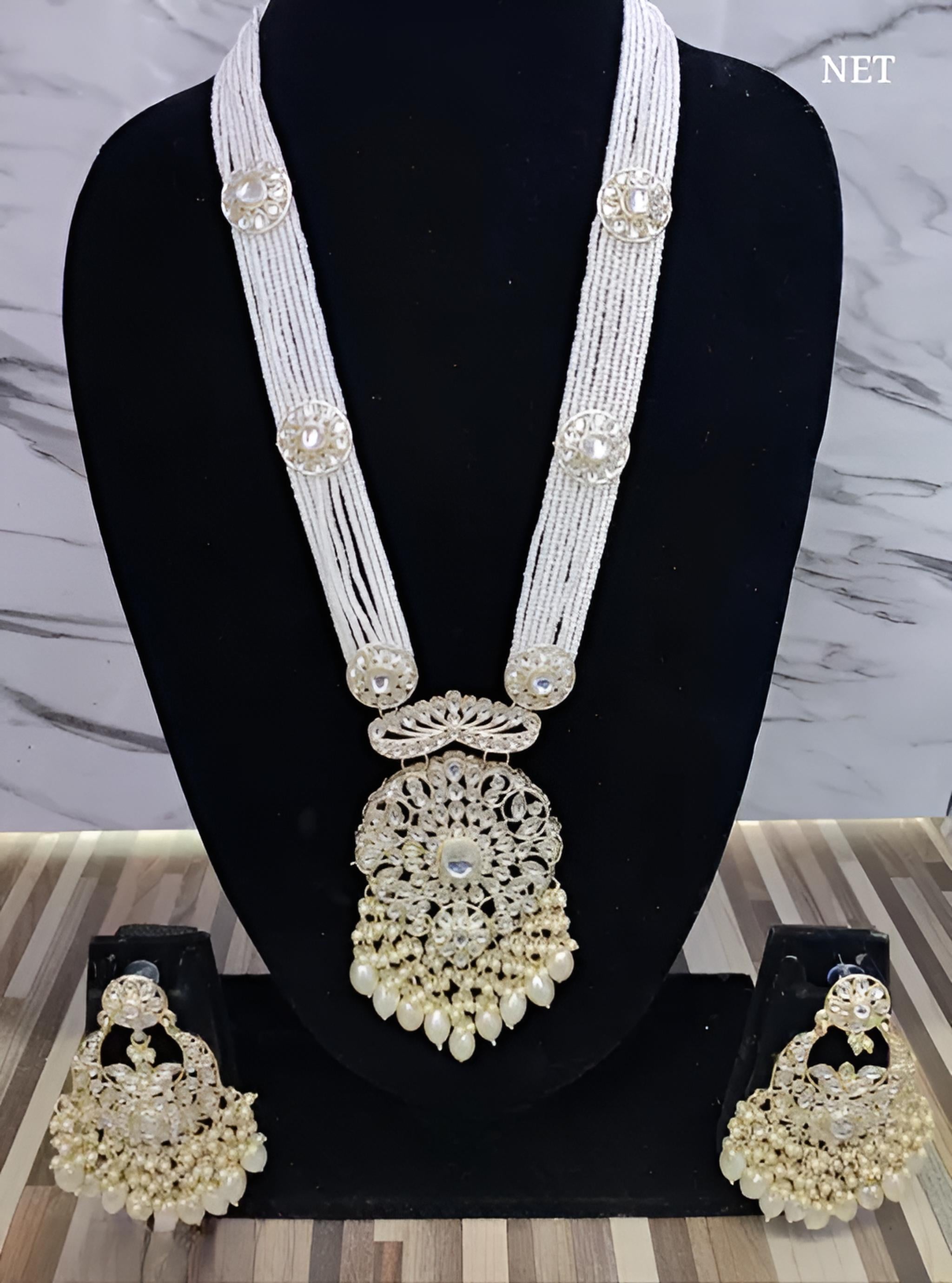 Elegant Multi-Layered Pearl Necklace Set, Intricate Silver Pendant and Earrings, Traditional Indian Wedding Jewelry (Set of 2)