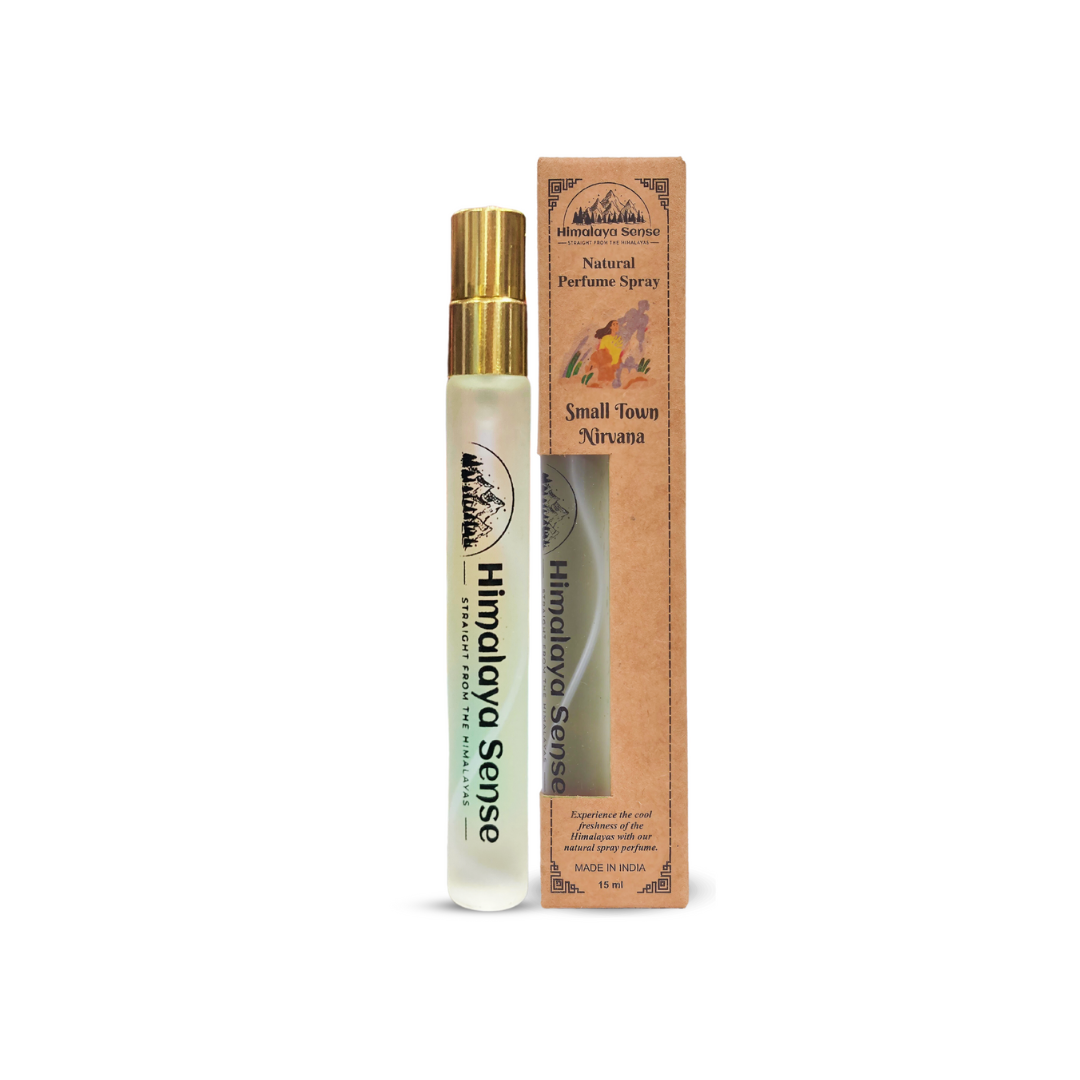 Himalaya Sense Small Town Nirvana natural perfume spray in a 15ml bottle with a gold-toned cap.