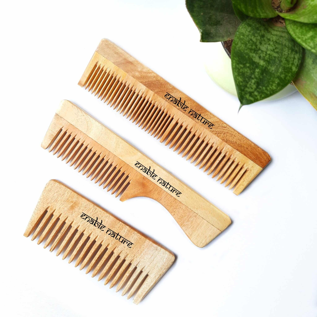 Set of three Enable Nature neem wood hair combs.