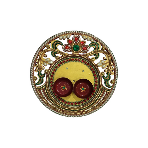 Handcrafted Wooden Pooja Thali with Decorative Design | Traditional Round Thali for Home with Bead & Gemstone Detailing - 9.5 Inch