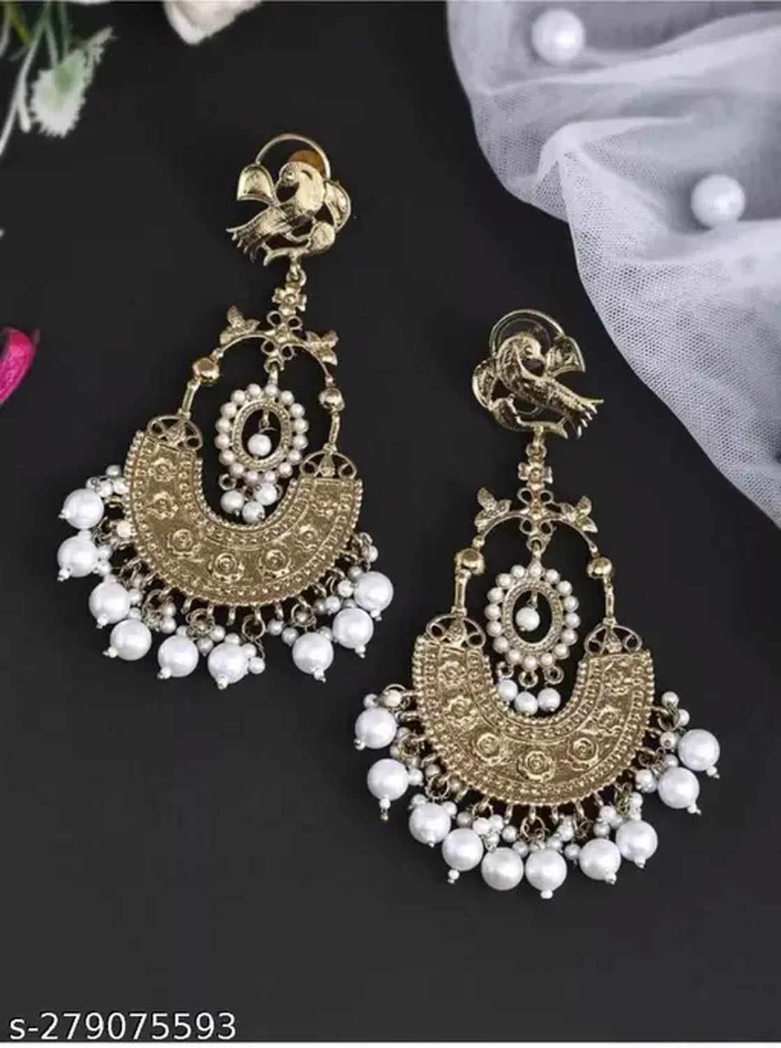 Traditional Gold-Plated Chandbali Earrings, Bird Motif and Pearl Drops – Perfect for Weddings & Festive Occasions, Traditional Indian Wedding Jewelry (Set of 1)