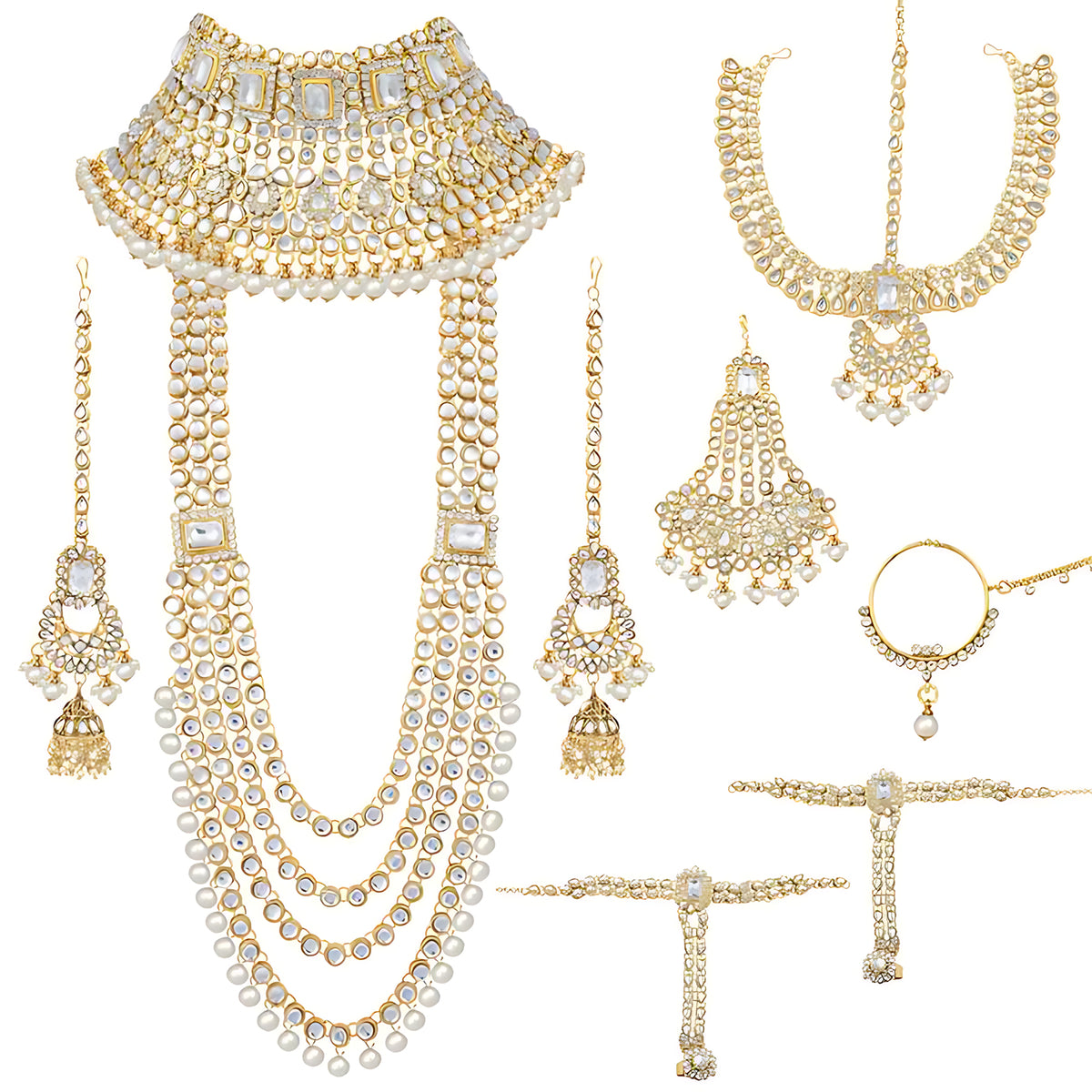 Complete Bridal Kundan Jewelry Set - 8-Piece Royal Indian Wedding Collection, Choker, Rani Haar, Earrings, Maang Tikka & Mathapatti, Traditional Indian Wedding Jewelry (Set of 3)