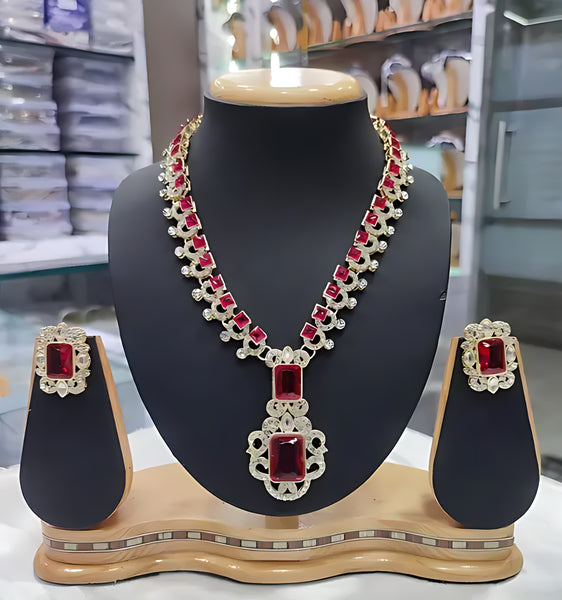 Elegant Red and Silver Statement Necklace Set, Matching Earrings, Traditional Indian Wedding Jewelry (Set of 2)