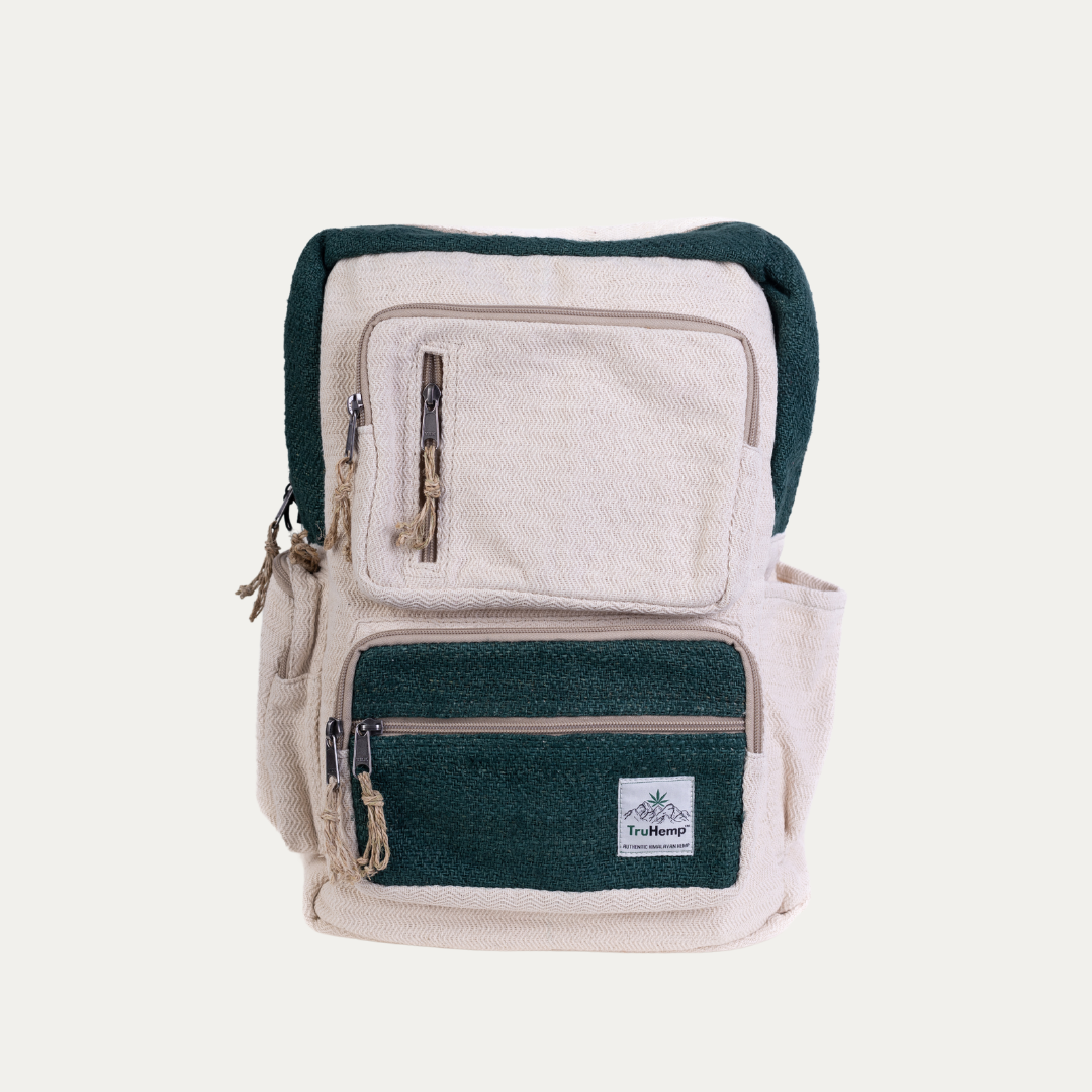 Handmade hemp backpack in natural and green with multiple pockets and zipper closures. Perfect for eco-conscious individuals seeking a durable and stylish backpack.