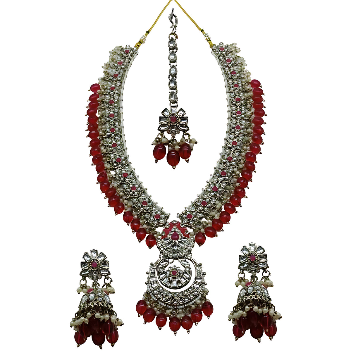 Long Necklace Set, magenta Beads - Traditional Indian Wedding Jewelry Earrings & Tikka, Traditional Indian Wedding Jewelry (Set of 2)