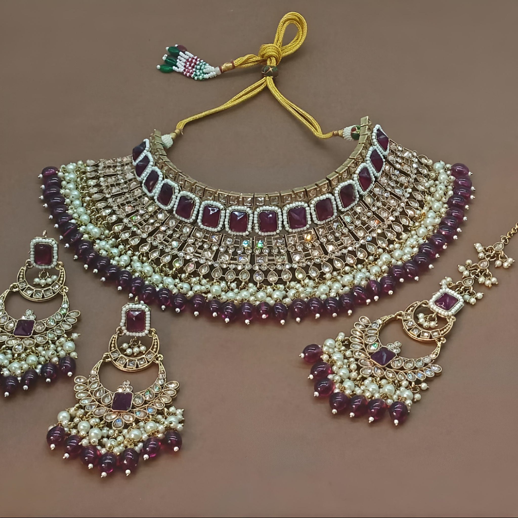 Exquisite Pearl and Jewel-Encrusted Bridal Jewelry Set Wine Color, Traditional Indian Wedding Jewelry (Set of 3)