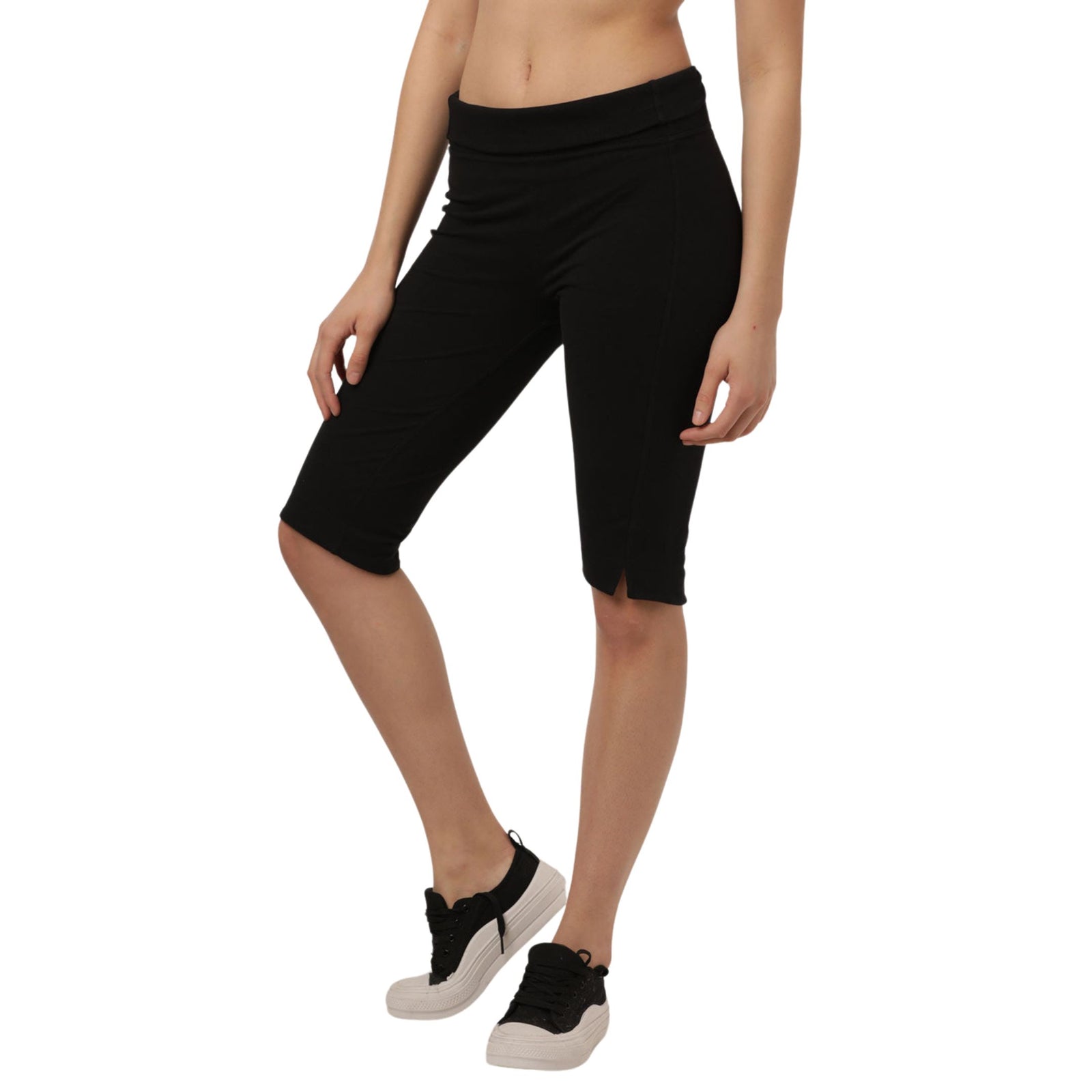 Slim Fit Knee Length Yoga Shorts with Organic Cotton & LYCRA | High-Waisted Shorts with Broad Waistband & Knee Slit