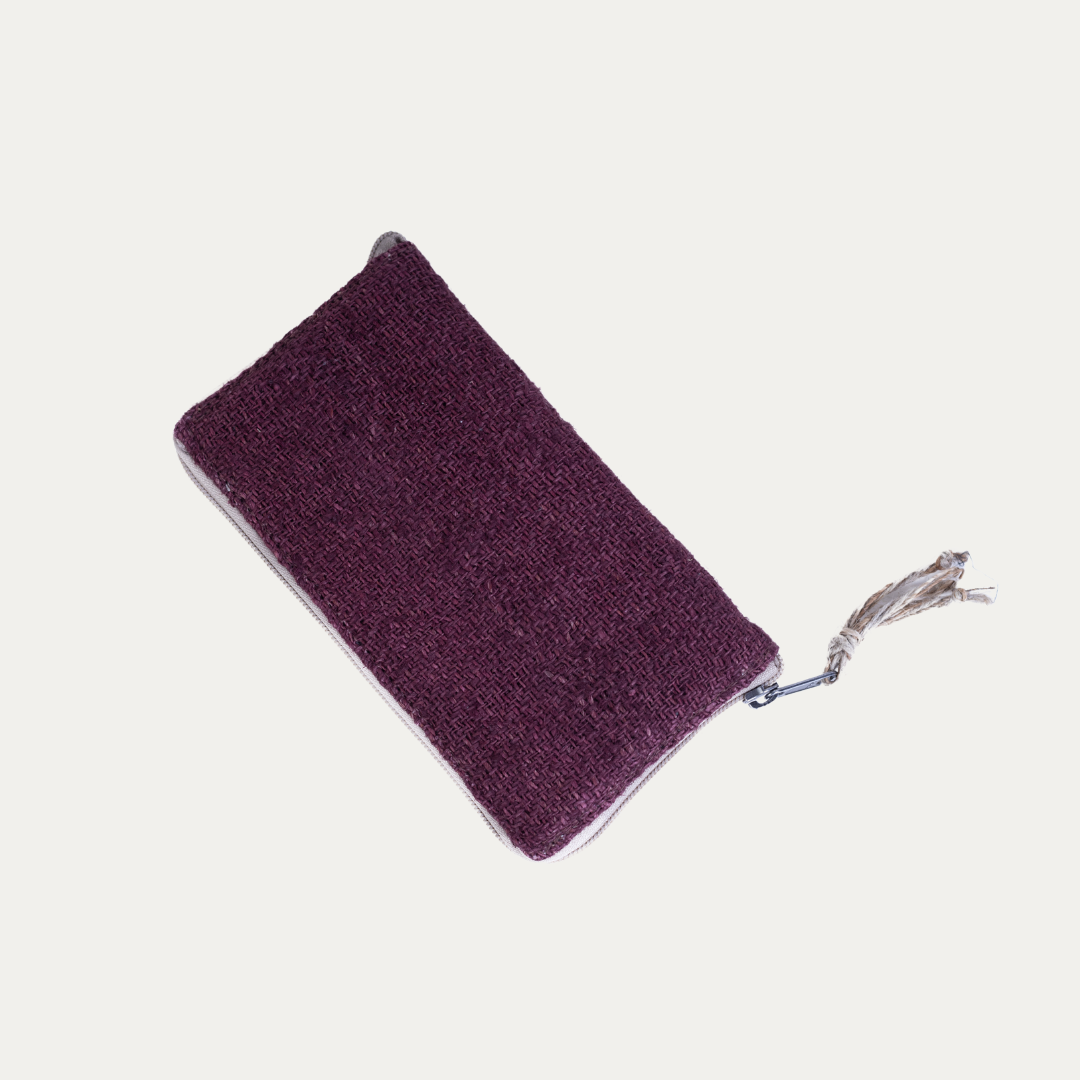 Maroon Maya hemp clutch wallet with zipper closure and decorative pull.