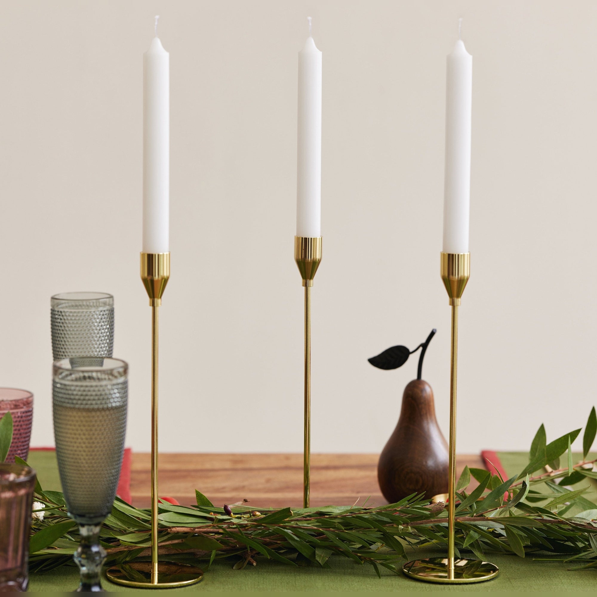 Rio Candle Holder & Candles Set, Includes 1 Sleek Golden Candle Holder and 4 Elemental Candles, Corrosion-Free Metal with Anti-Slip Base, Perfect for Dining or Living Room Decor (Set of 5)