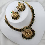 Traditional Gold-Plated Peacock Necklace Set, Green Beads and Matching Earrings, Traditional Indian Wedding Jewelry (Set of 2)