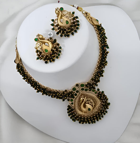 Traditional Gold-Plated Peacock Necklace Set, Green Beads and Matching Earrings, Traditional Indian Wedding Jewelry (Set of 2)