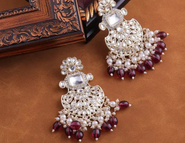 Exquisite Kundan-Inspired Chandelier Earrings, Pearl and Ruby Accents, Traditional Indian Wedding Jewelry (Set of 1)