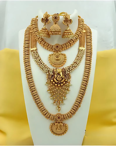 Temple Jewelry Set, Ganesha Pendant - Traditional South Indian Gold Plated Multi-Layer Necklace Set Pearl Clusters, Traditional Indian Wedding Jewelry (Set of 2)