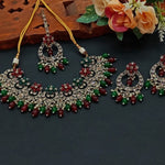 Elegant Green Red and Gold Indian Jewelry Set - Necklace, Earrings, and Maang Tikka, Traditional Indian Wedding Jewelry (Set of 2)