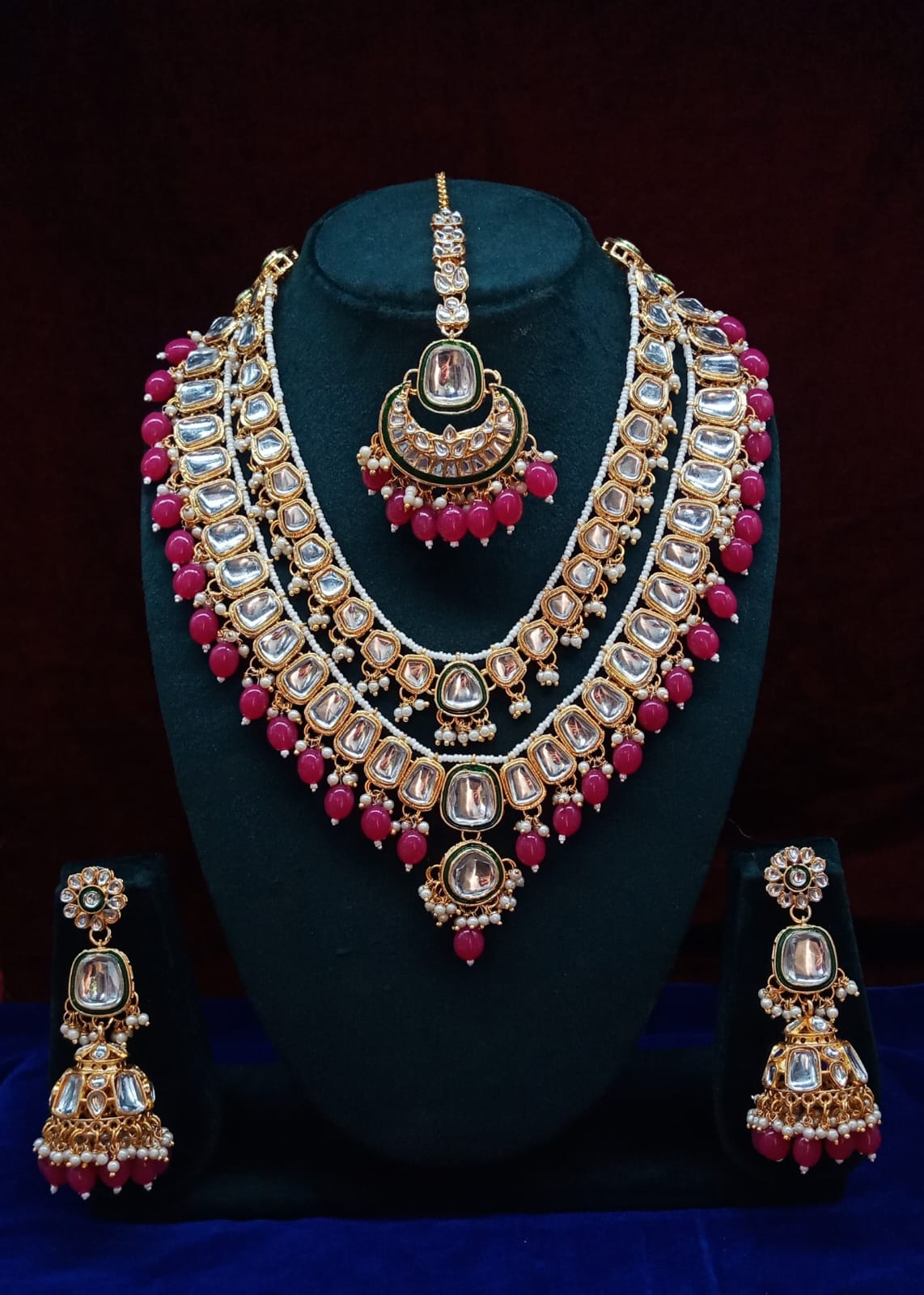 Opulent Kundan Bridal Jewelry Set, Double-Layer Necklace, Maang Tikka, and Jhumka, Traditional Indian Wedding Jewelry (Set of 2)