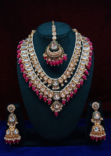 Opulent Kundan Bridal Jewelry Set, Double-Layer Necklace, Maang Tikka, and Jhumka, Traditional Indian Wedding Jewelry (Set of 2)