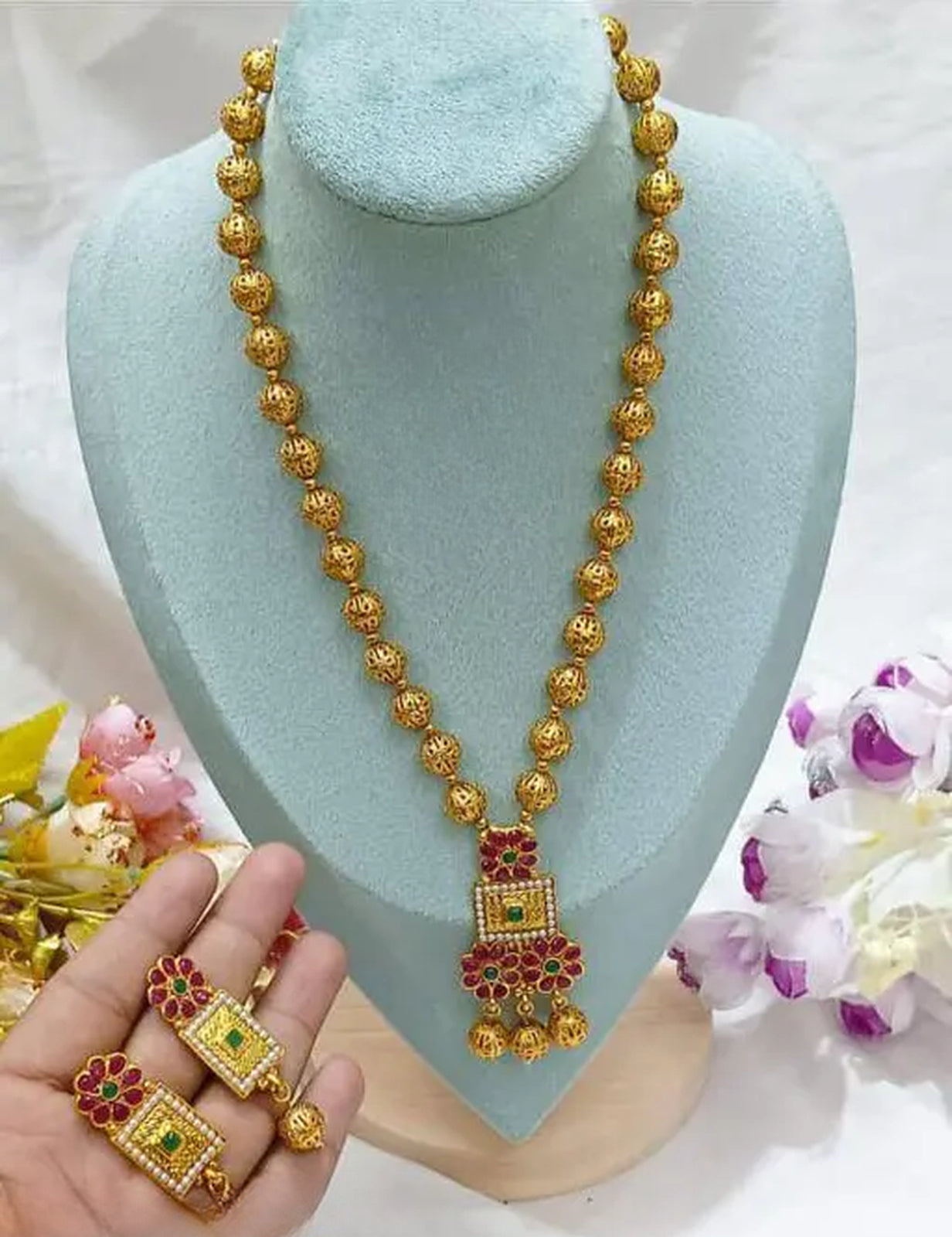 Elegant Gold Beaded Necklace Set, Ruby and Emerald Pendant, Traditional Indian Wedding Jewelry (Set of 2)