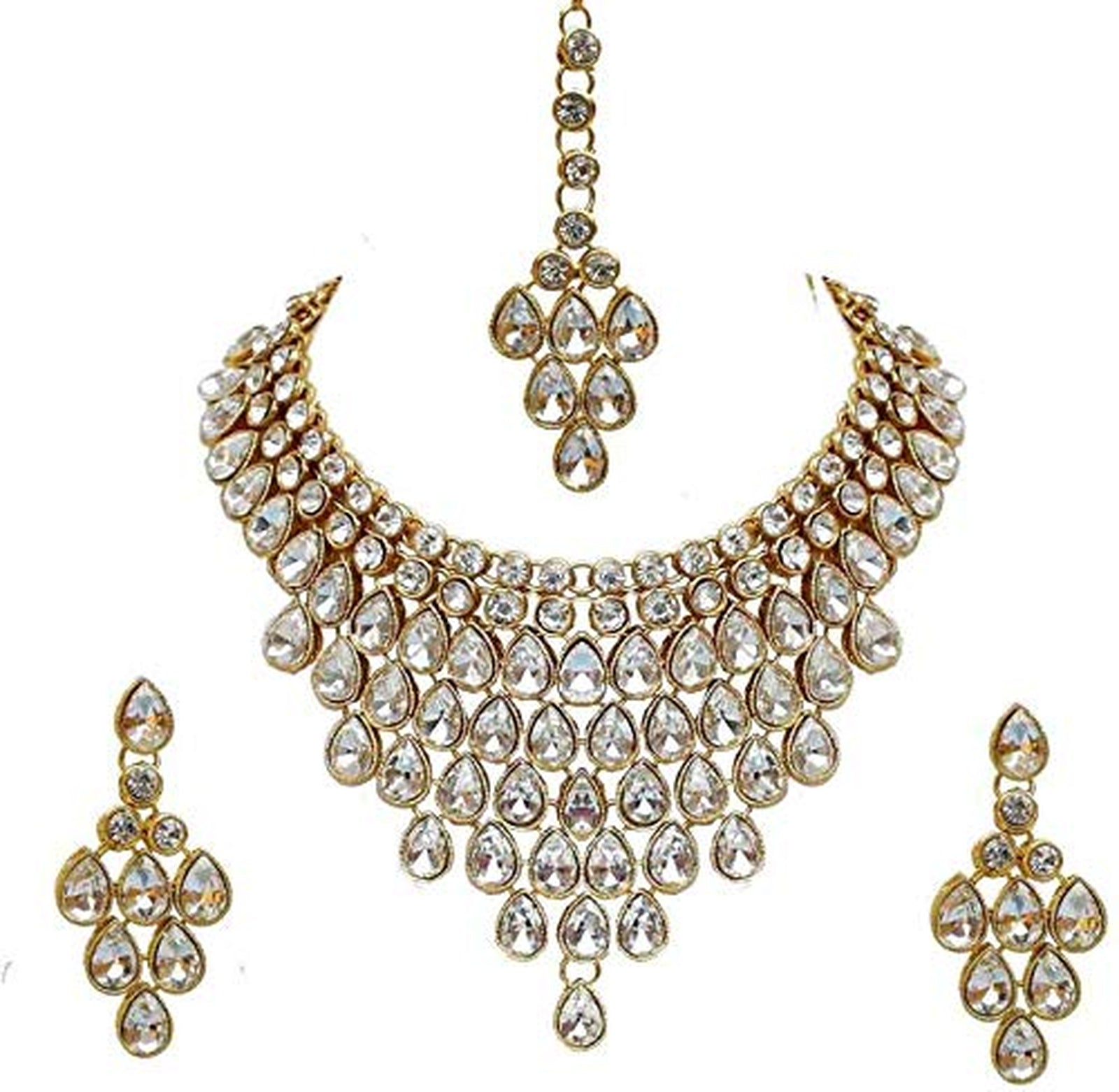 Luxurious Gold-Plated Kundan Choker Necklace Set, Maang Tikka and Earrings, Traditional Indian Wedding Jewelry (Set of 2)