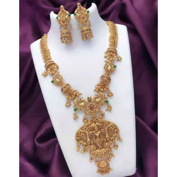 Antique Gold Krishna Pendant Necklace Set - Traditional Temple Peacock Design Jewelry, Jhumka Earrings, Traditional Indian Wedding Jewelry (Set of 2)