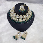 Elegant Kundan Pearl Necklace Set, Emerald Green Drops and Matching Tikka, Traditional Indian Wedding Jewelry (Set of 2)