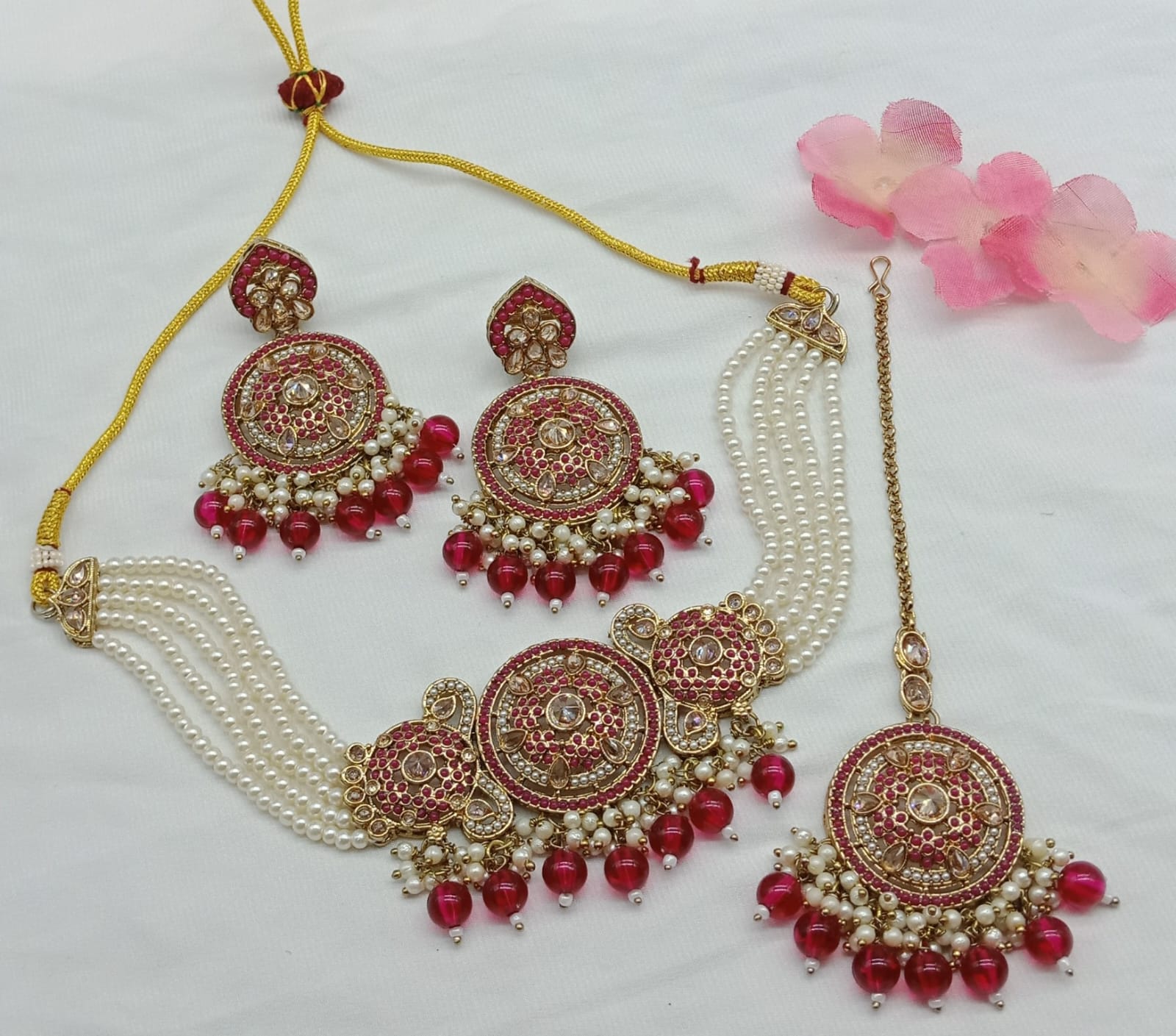 Elegant Kundan Meena Pearl Jewelry Set, Necklace, Earrings, and Maang Tikka, Traditional Indian Wedding Jewelry, Bridal Jewelry (Set of 2)