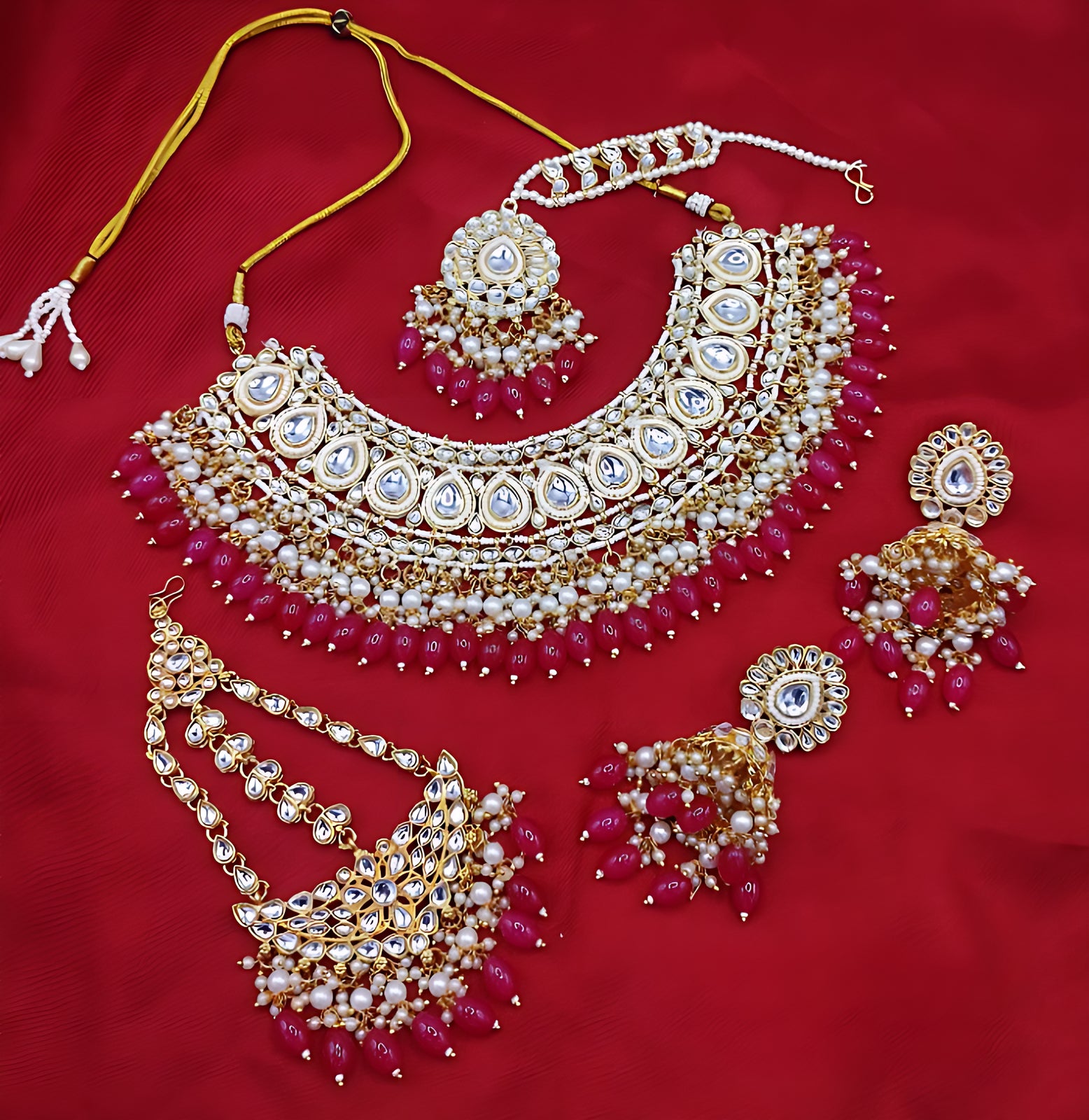 Luxurious magentaColor Kundan Bridal Necklace Set, Maang Tikka and Earrings, Traditional Indian Wedding Jewelry (Set of 3)